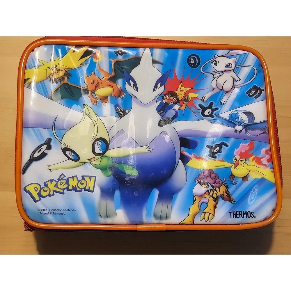 Vintage 2003 Pokemon Thermos Lunch Box Lugia Celebi Pikachu Blue Orange Soft Bag